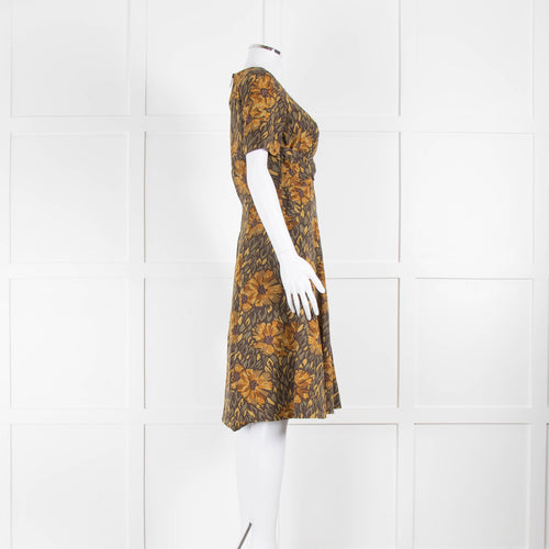 Burberry Prorsum Khaki Mustard Floral Short Sleeve Dress