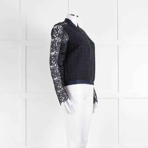 Ellie Tahari Navy Blue Lace Sleeve Bomber Jacket