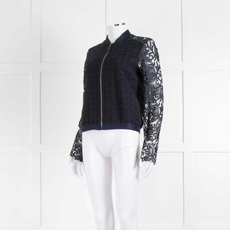 Ellie Tahari Navy Blue Lace Sleeve Bomber Jacket