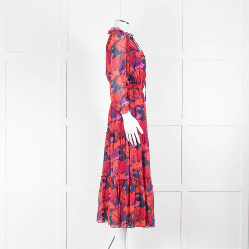 Ridley Red Purple Orange Poppy Print Silk Maxi Dress