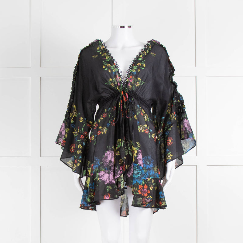 Charo Ruiz Black Multi Flower Cotton Mini Cover Up Dress