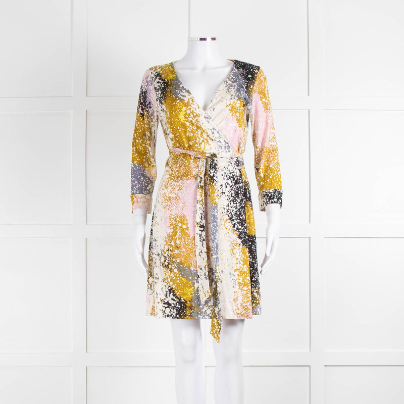 Diane Von Furstenberg Cream Khaki Pink Splash Print Wrap Dress