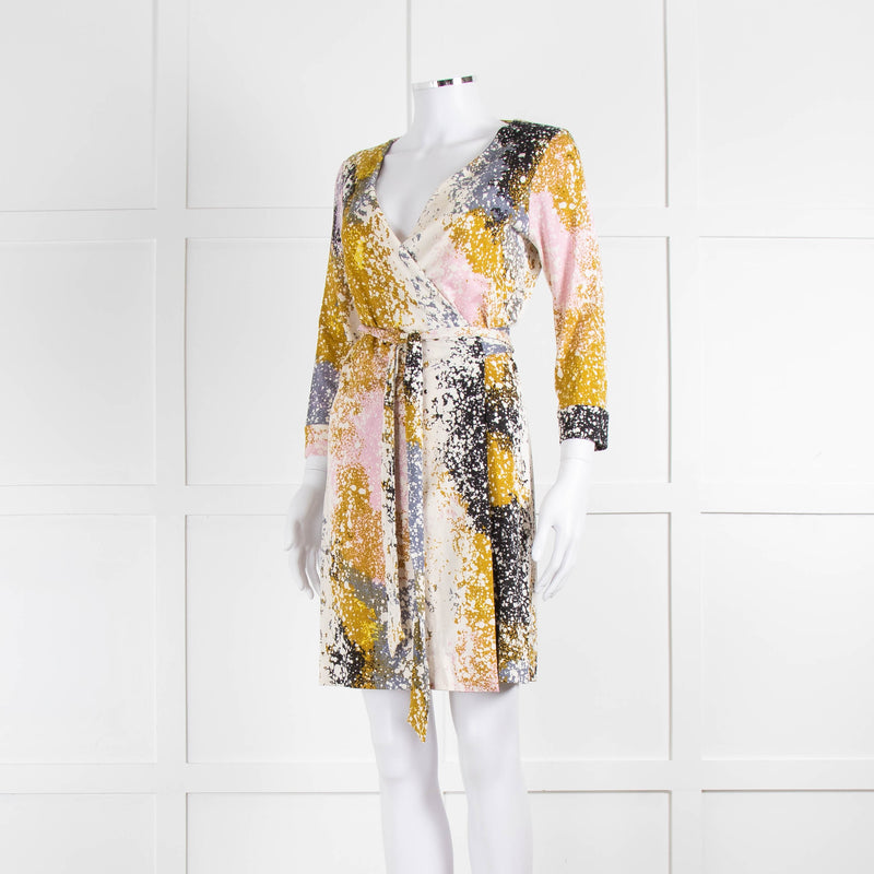 Diane Von Furstenberg Cream Khaki Pink Splash Print Wrap Dress