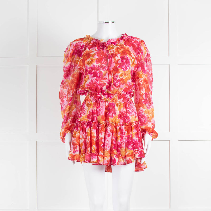 Misa Orange Fuchsia Flower Print Long Sleeve Mini Dress