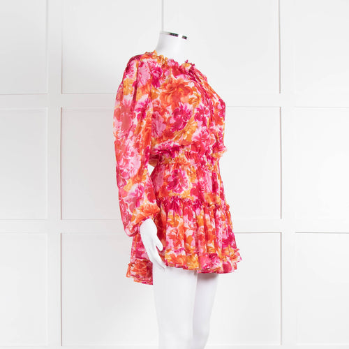 Misa Orange Fuchsia Flower Print Long Sleeve Mini Dress