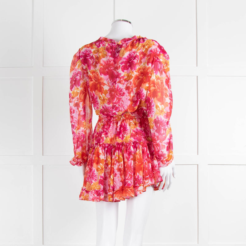 Misa Orange Fuchsia Flower Print Long Sleeve Mini Dress