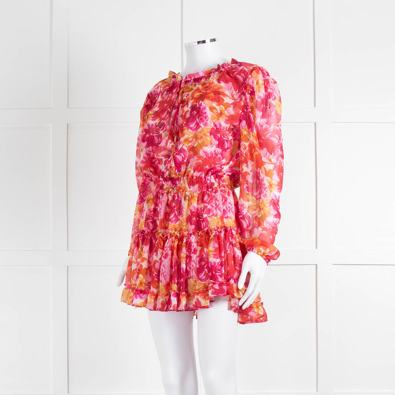 Misa Orange Fuchsia Flower Print Long Sleeve Mini Dress