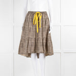 Fendi Beige Brown Cotton Check Yellow Tie Waist Ruffle Hem Skirt