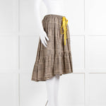 Fendi Beige Brown Cotton Check Yellow Tie Waist Ruffle Hem Skirt