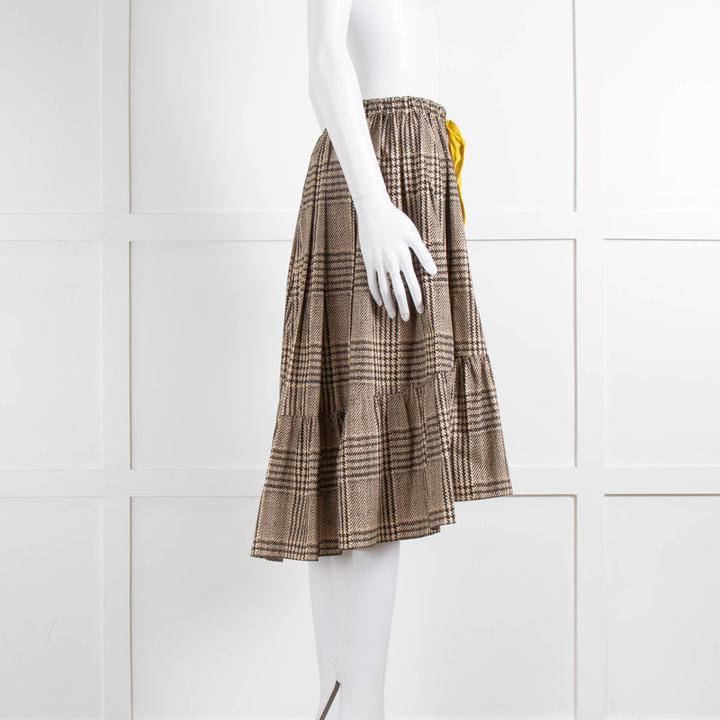 Fendi Beige Brown Cotton Check Yellow Tie Waist Ruffle Hem Skirt