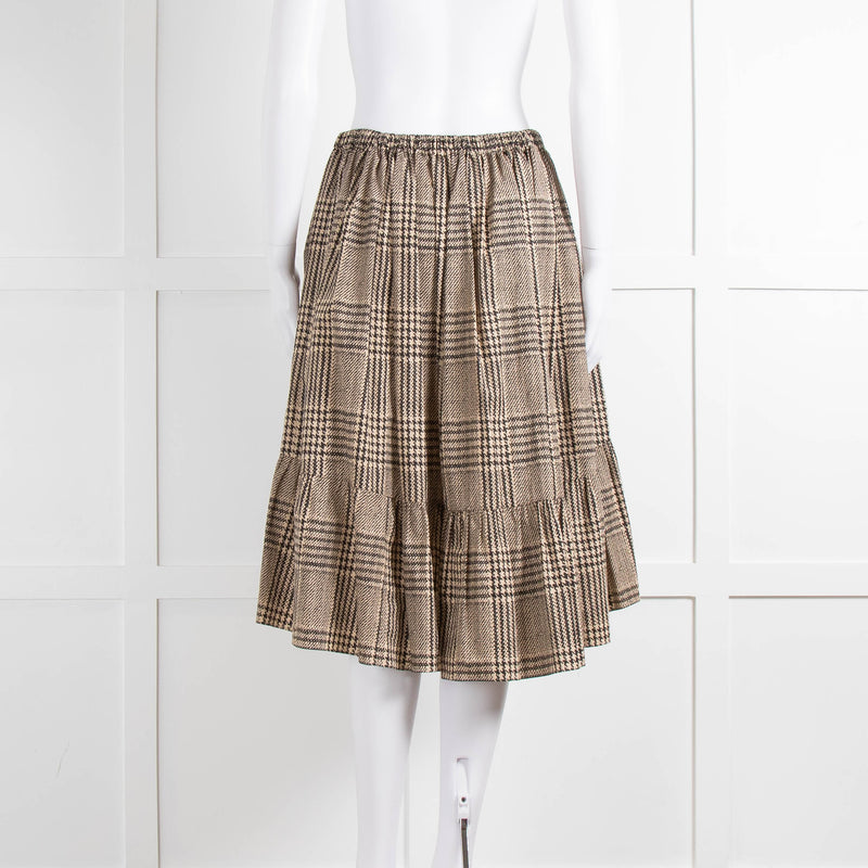 Fendi Beige Brown Cotton Check Yellow Tie Waist Ruffle Hem Skirt