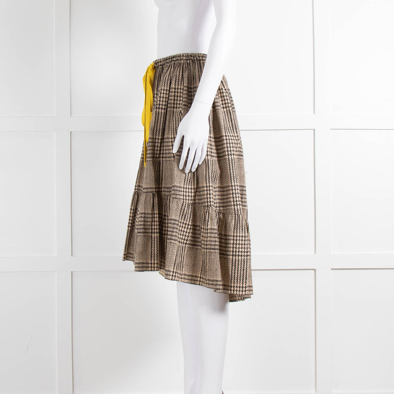 Fendi Beige Brown Cotton Check Yellow Tie Waist Ruffle Hem Skirt