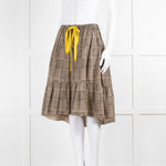 Fendi Beige Brown Cotton Check Yellow Tie Waist Ruffle Hem Skirt