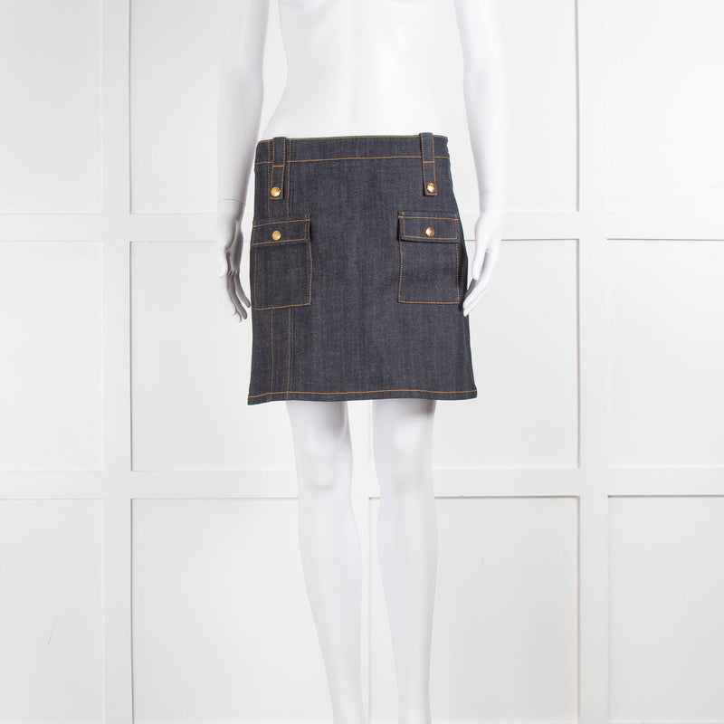 Louis Vuitton Blue Denim Gold Button Mini Skirt