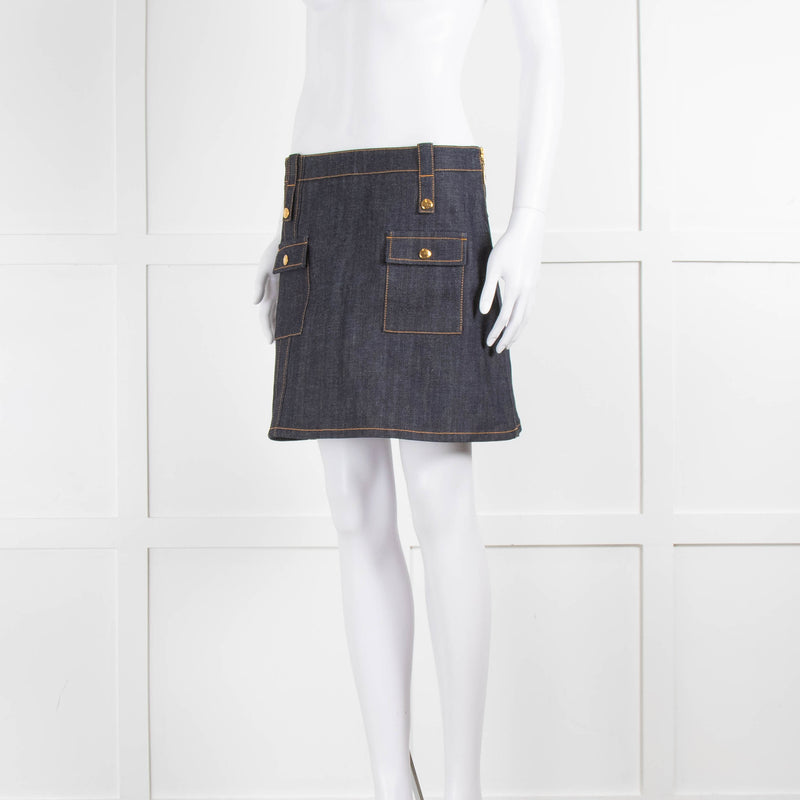 Louis Vuitton Blue Denim Gold Button Mini Skirt