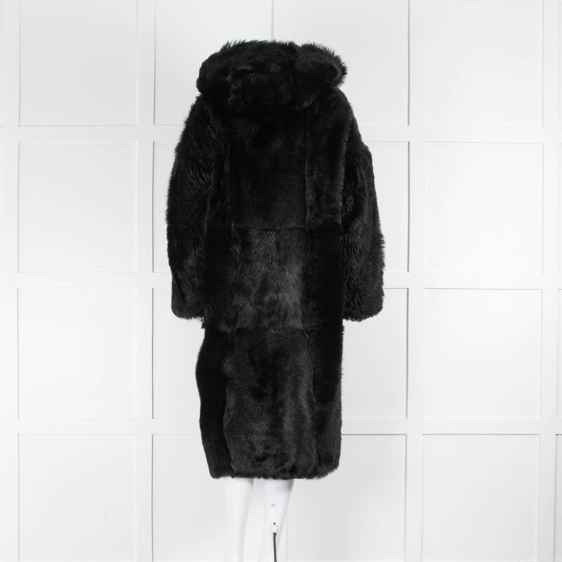 RAEY Black Hooded Shearling Duffle Coat