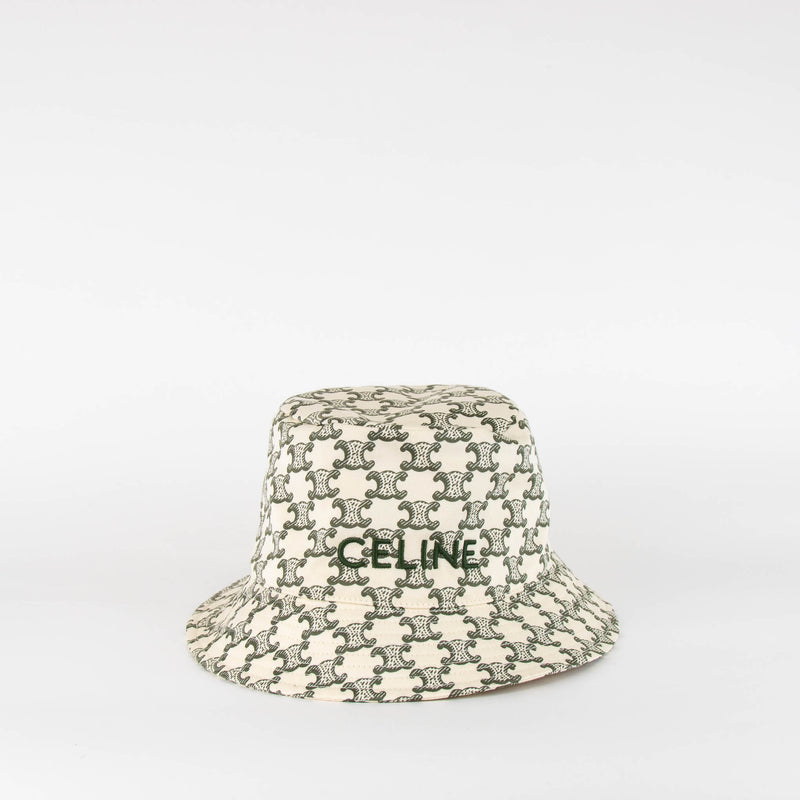 Celine Cream Green Logo Cotton Bucket Hat