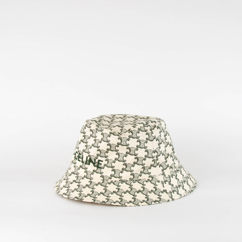 Celine Cream Green Logo Cotton Bucket Hat