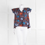 Ulla Johnson Blue, White, Orange With Shell Design Frill Sleeve Cotton Top