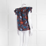 Ulla Johnson Blue, White, Orange With Shell Design Frill Sleeve Cotton Top