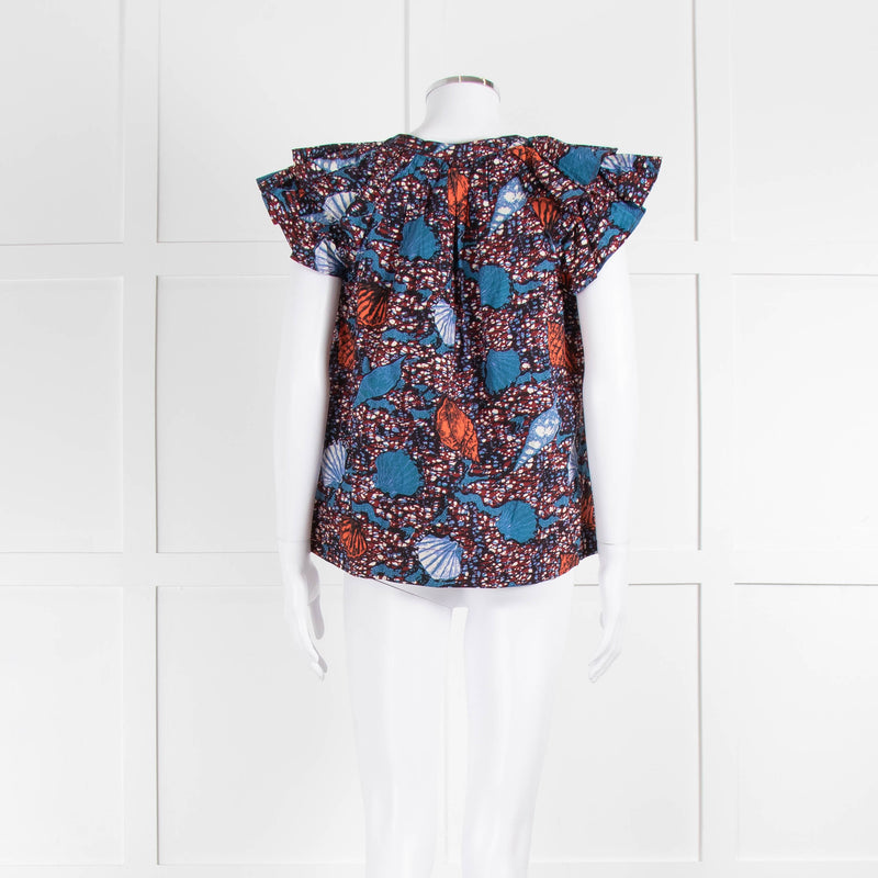 Ulla Johnson Blue, White, Orange With Shell Design Frill Sleeve Cotton Top