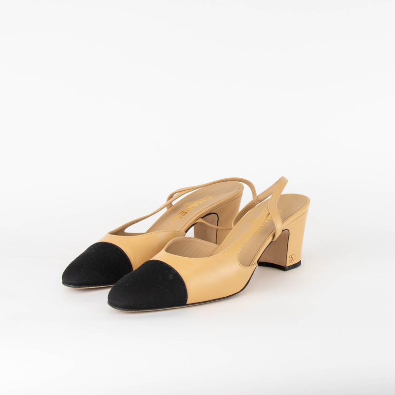 Chanel Beige and Black Block Heel Slingback