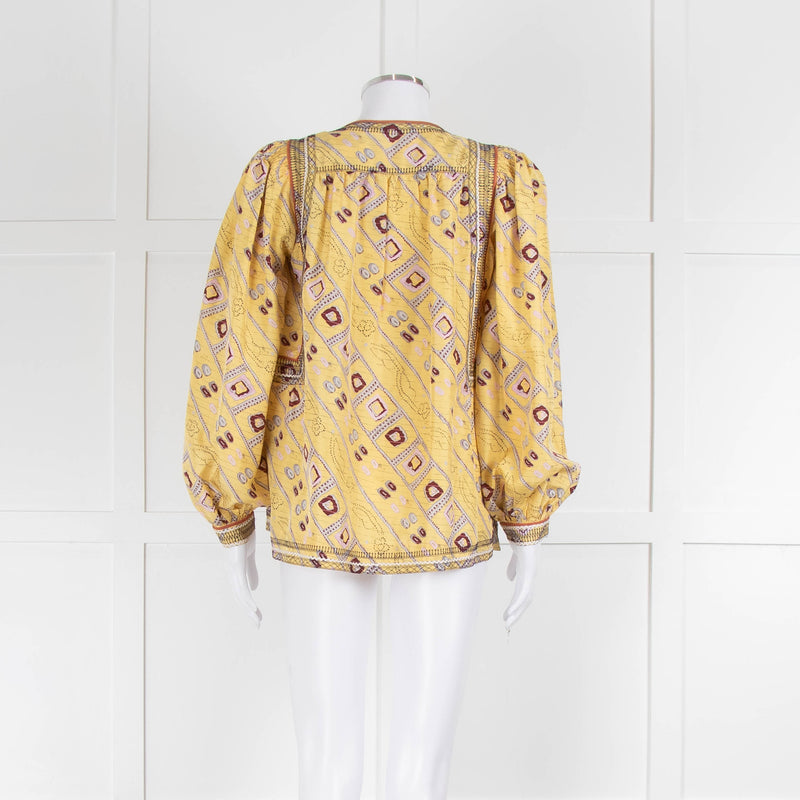 Isabel Marant Yellow Pink Burgundy Print Silk Balloon Sleeve Top