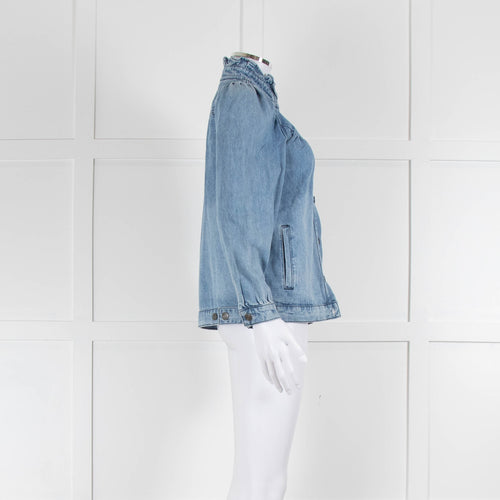 Wyse Blue Frill Detail Neck Front Button Denim Shirt