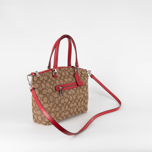 Coach Logo Print Canvas Top Handle Bag with Red Leather Trims