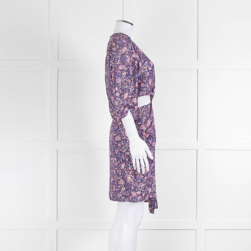 Maje Purple With Gold Thread And Pink Floral Print Open Side Dress