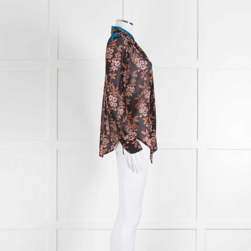 Scotch and Soda Floral Blouse with Electric Blue Shoulders and Tie Neck