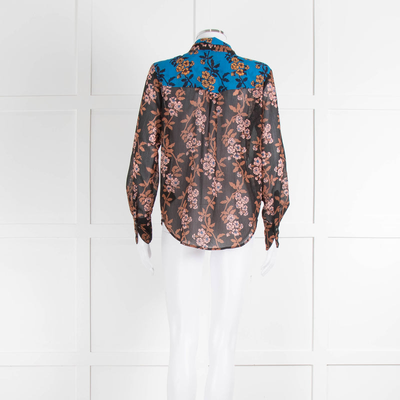 Scotch and Soda Floral Blouse with Electric Blue Shoulders and Tie Neck