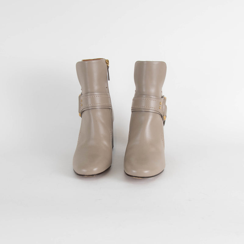 Chloe Taupe Leather Buckle Ankle Boots