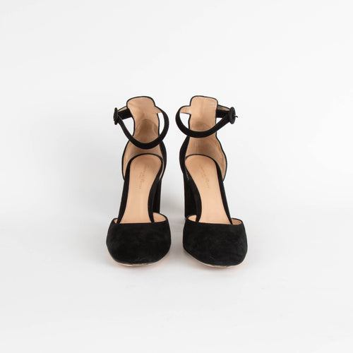 Gianvito Rossi Black Suede Block Heel Ankle Strap Shoes