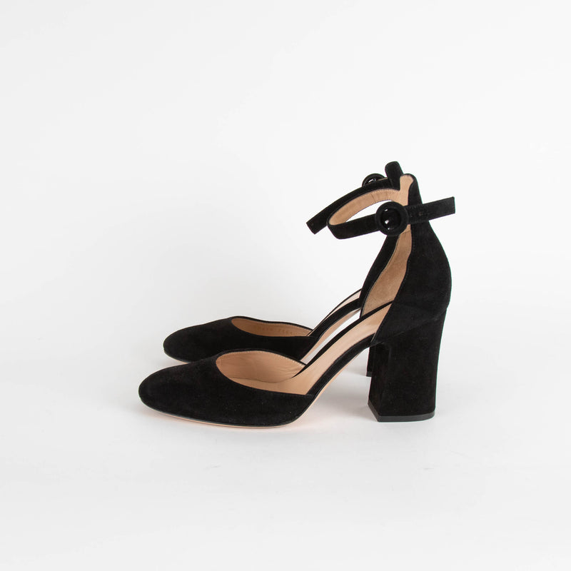 Gianvito Rossi Black Suede Block Heel Ankle Strap Shoes