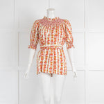 Loretta Caponi Cream Orange Floral Peasant Belted Top