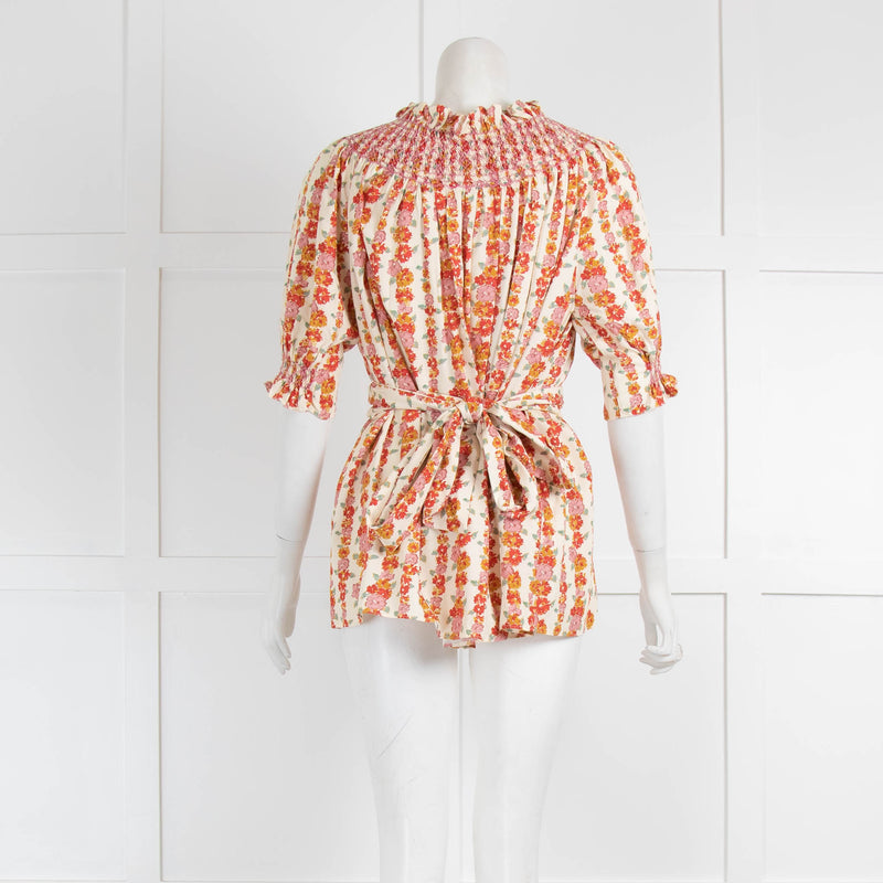 Loretta Caponi Cream Orange Floral Peasant Belted Top