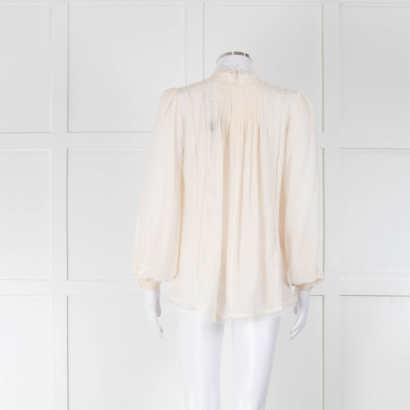 Zimmermann Cream Silk Lace Trim High Neck Zip Back Blouse