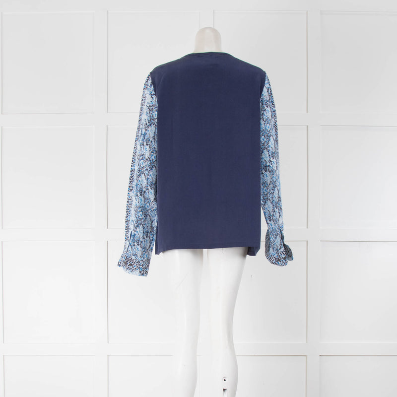 Equipment Navy Silk Round Neck Blouse with Snake Print Arms