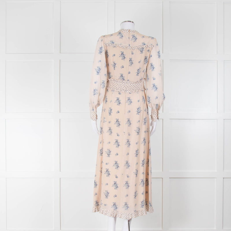 Vilshenko Light Beige Blue Floral Long Sleeve Silk Dress