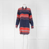 Equipment Nautical Rope Print Blue and Red Silk Collared Shirt Dress