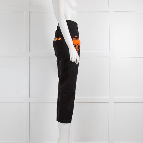 Fendi Black Side Neon Orange Embroidery Jeans