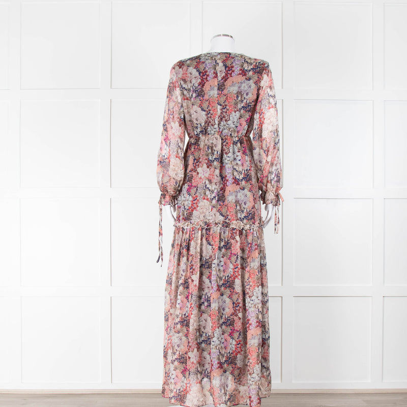 Ridely Purple Peach Floral Silk Long Sleeve Maxi Dress