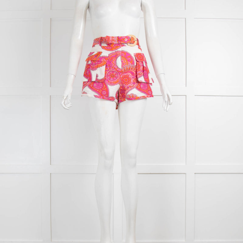 Zimmerman Cream Pink Paisley Print Belted Shorts