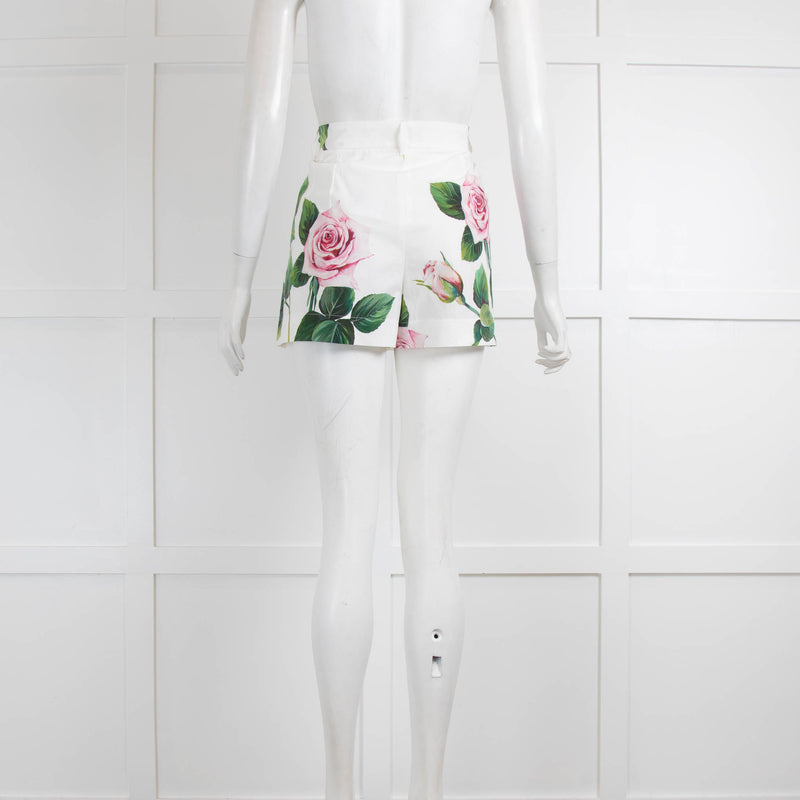 Dolce & Gabbana White Pink Rose Print Cotton Shorts