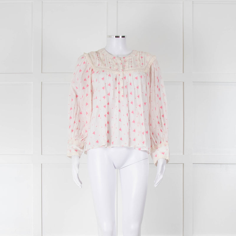 LoveShackFancy White Pink Embroidered Dionne Blouse