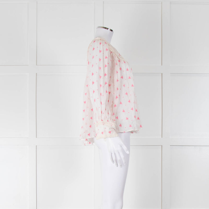 LoveShackFancy White Pink Embroidered Dionne Blouse