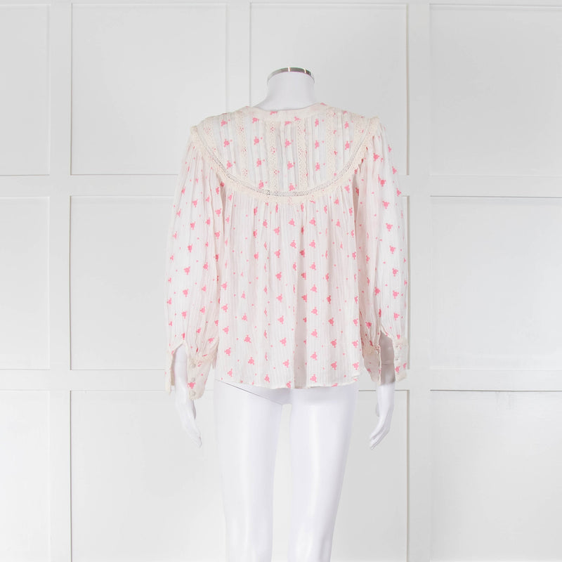 LoveShackFancy White Pink Embroidered Dionne Blouse