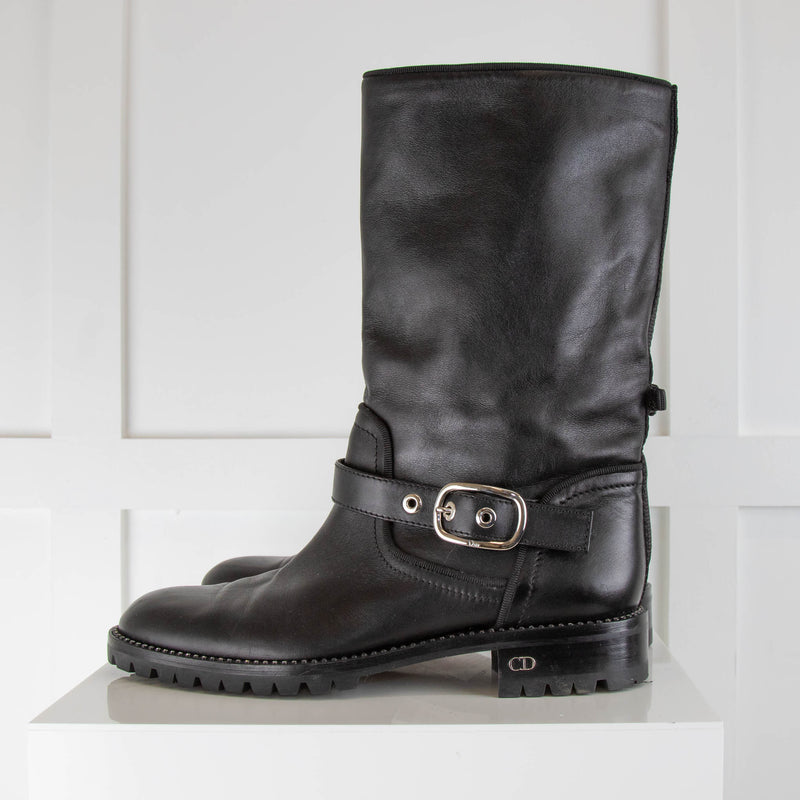 Christian Dior Black Leather Biker Boots with Rhinestone Soles