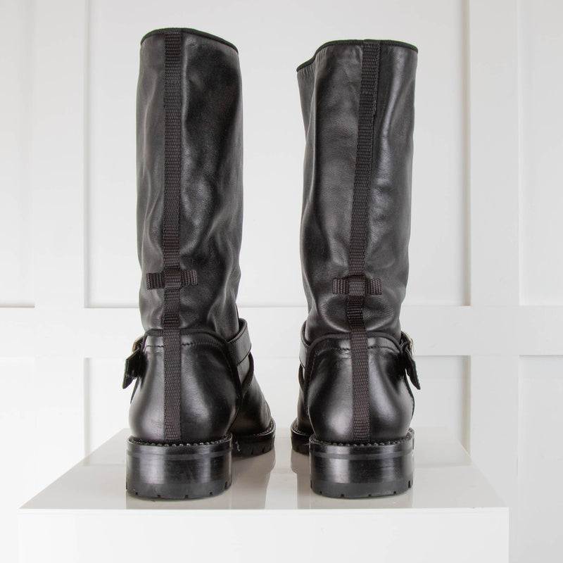 Christian Dior Black Leather Biker Boots with Rhinestone Soles